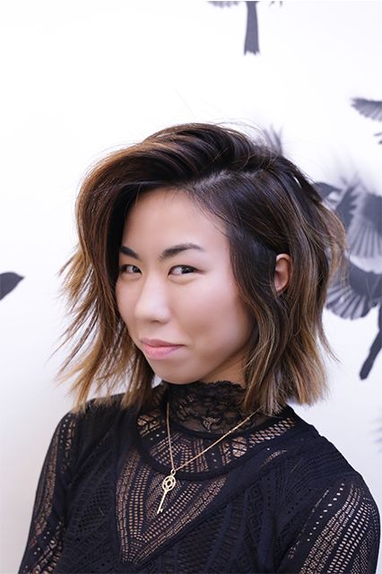 Edgy textured bob Asian hairstyle with highlights 