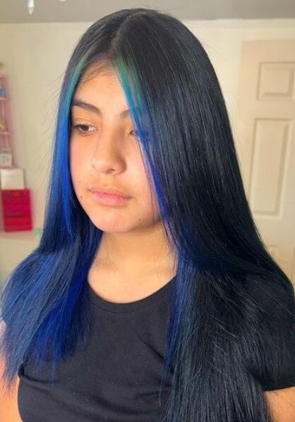 Straight Layered Hair with Blue Highlights
